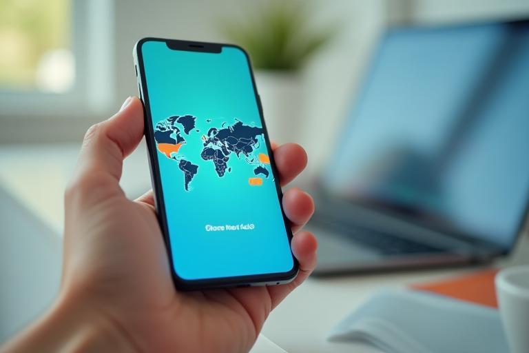 Hand holding a smartphone showing a global money transfer map, symbolizing international reach.