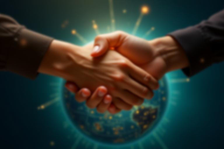 Two hands shaking over a globe, symbolizing trust and international remittance services.
